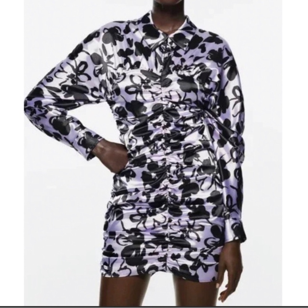 Zara Purple with Black Floral Ruched Dressed